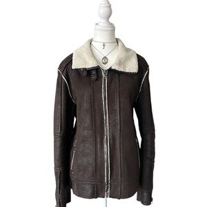 Y2K “Le Chateau” Brown and Cream Faux Suede Sherpa Lined Zip-up Coat